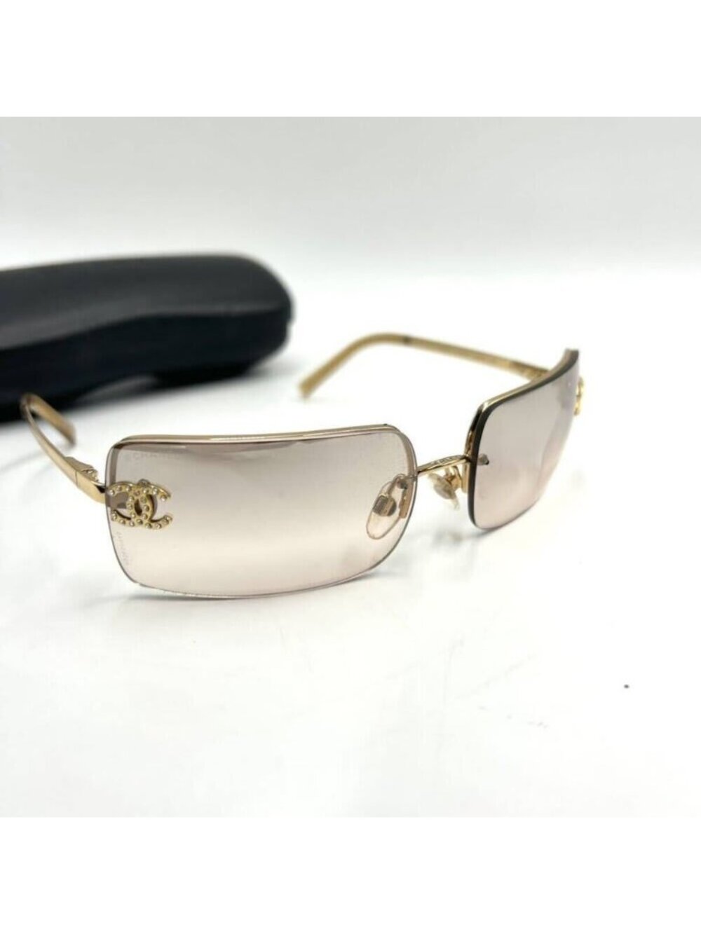 Chanel Vintage Sunglasses Rhinestone CC Logo Rimless Gradient Gold Y2 - Picture 8 of 10